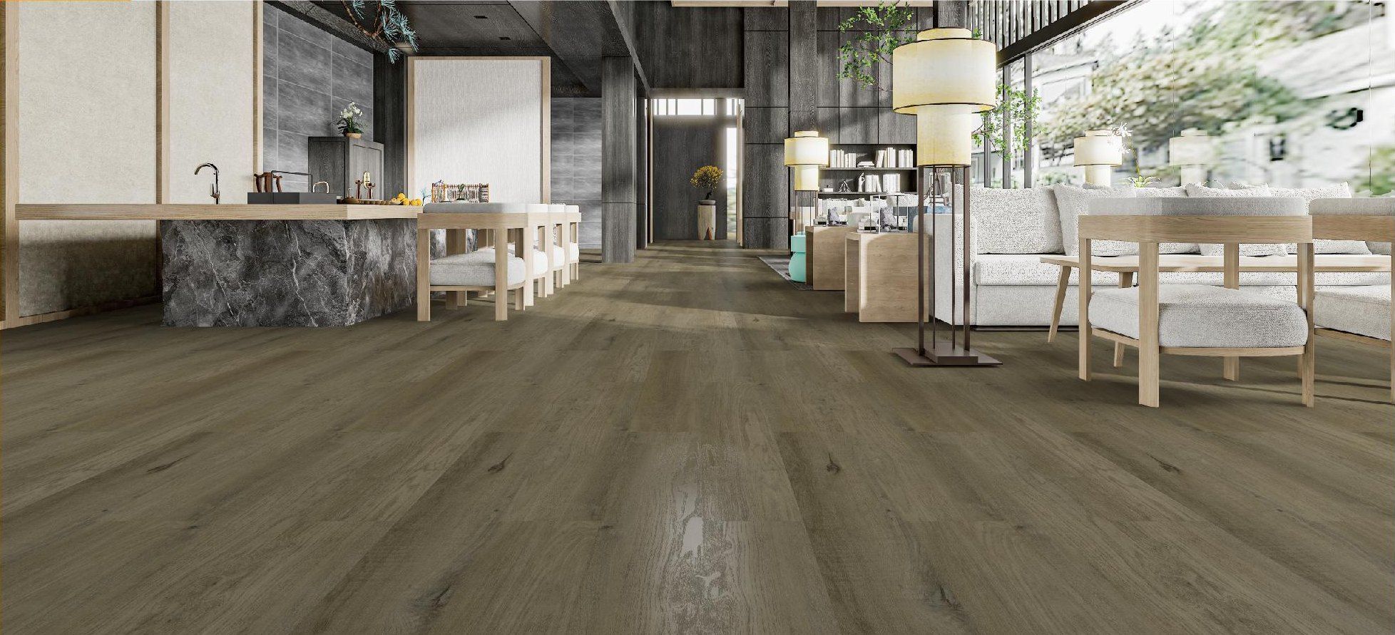 Cafe and lounge interior finished in Home Top wide-plank SPC flooring